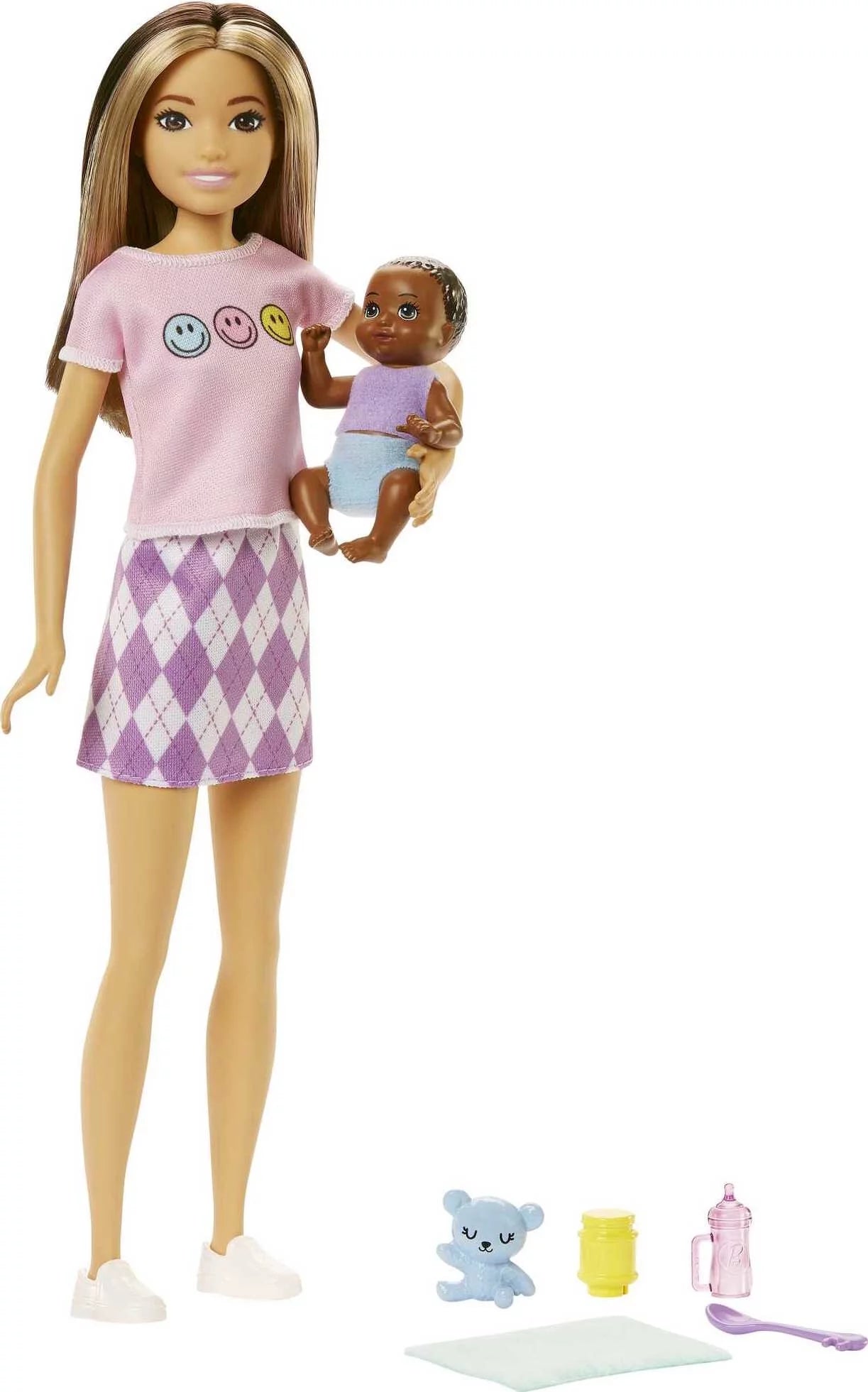 Argyle Skirt Doll with 2-Tone Hair, Baby Doll & 5 Pieces J943