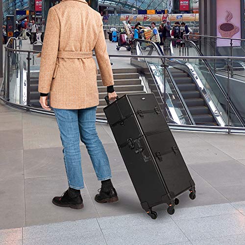 2 in 1 Rolling Makeup Train Case, Travel Makeup Organizer Cosmetic Display Case, Aluminum Cosmetology Supply Suitcase on Wheels, Beauty Storage Luggage Lockable w/4 Removable Wheels (Black) M599