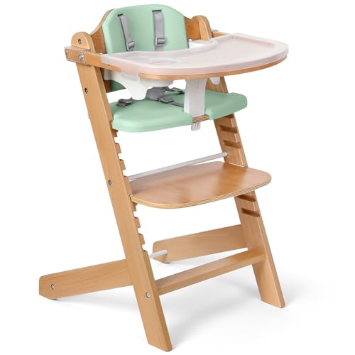 Natural Wooden High Chair with Cushions (Green) E791