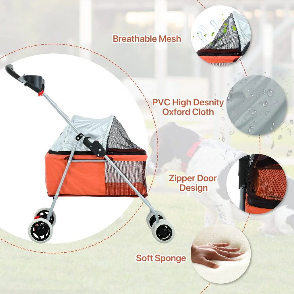 Orange Folding Dog Stroller with 4 Wheels B370