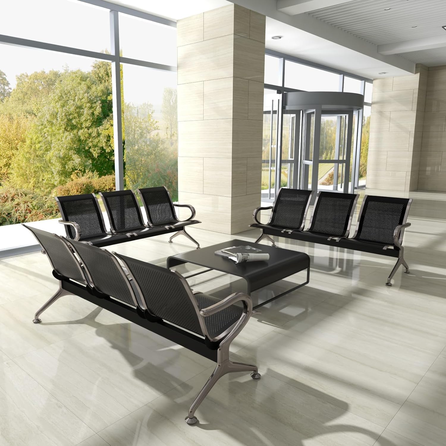 Black 3-Seat Waiting Room Bench with Arms D2718