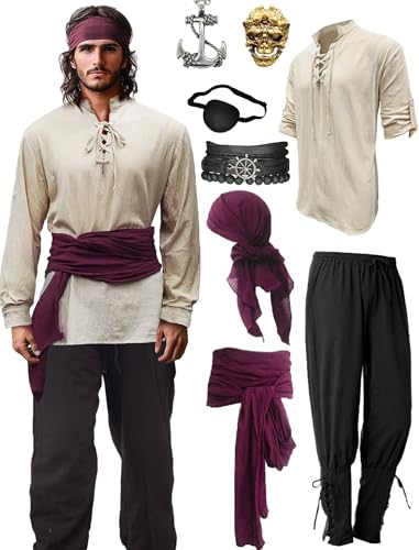 Khaki Large Mens Pirate Costume Outfit With Pants Shirts Sash Accessories O533