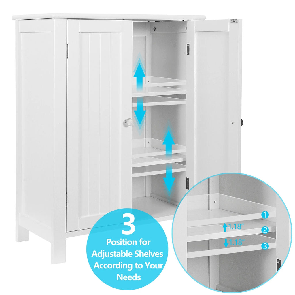 White Double Door Adjustable Shelf Bathroom Floor Storage Cabinet C1067