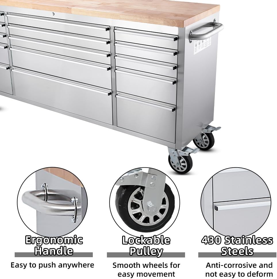 72-inch Stainless Steel Rolling Tool Chest with 15 Drawers S10647
