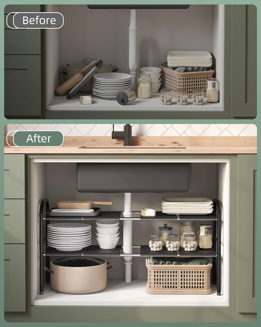 2 Tier Expandable Under Sink Organizer Shelf with 8 Removable Panels B84507