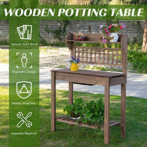 Brown Wooden Potting Bench Table with Sliding Tabletop and Storage Shelf W4219