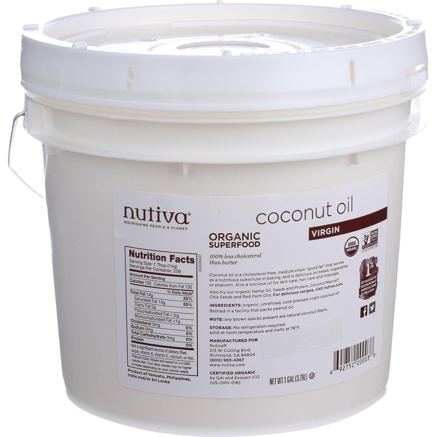 Organic Unrefined Virgin Coconut Oil, 1-gallon I571570