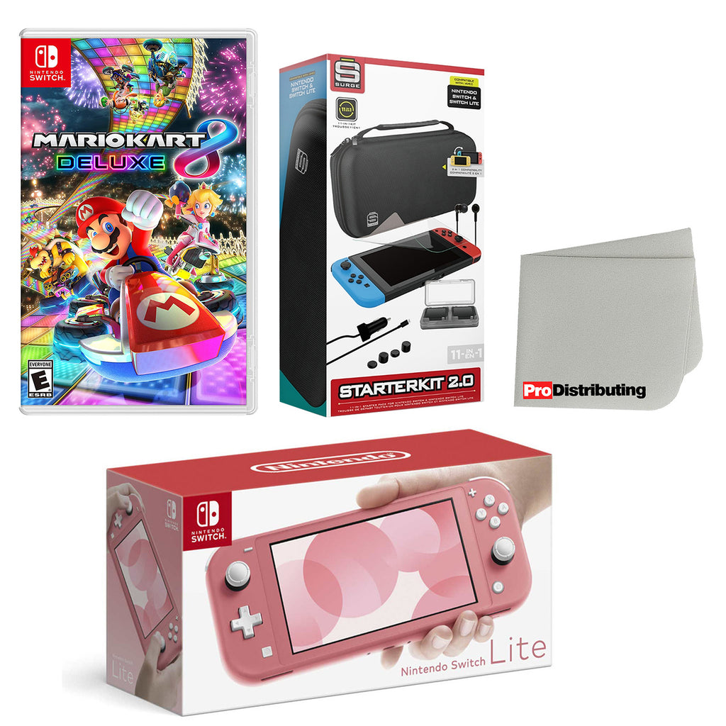 Coral Nintendo Switch Lite Console with Mario Kart 8 Deluxe, Accessory Starter Kit, Screen Cleaning Cloth Bundle Z194087