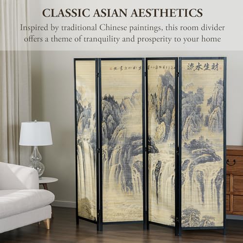 4-Panel Folding Bamboo Room Divider with Beige Wood Frame E974