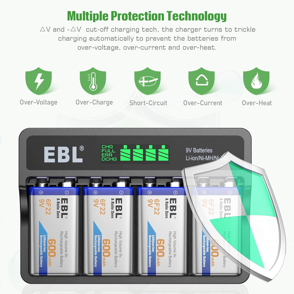 9V Li-ion Rechargeable Batteries 600mAh 4-Pack with LCD Smart Battery Charger E22542
