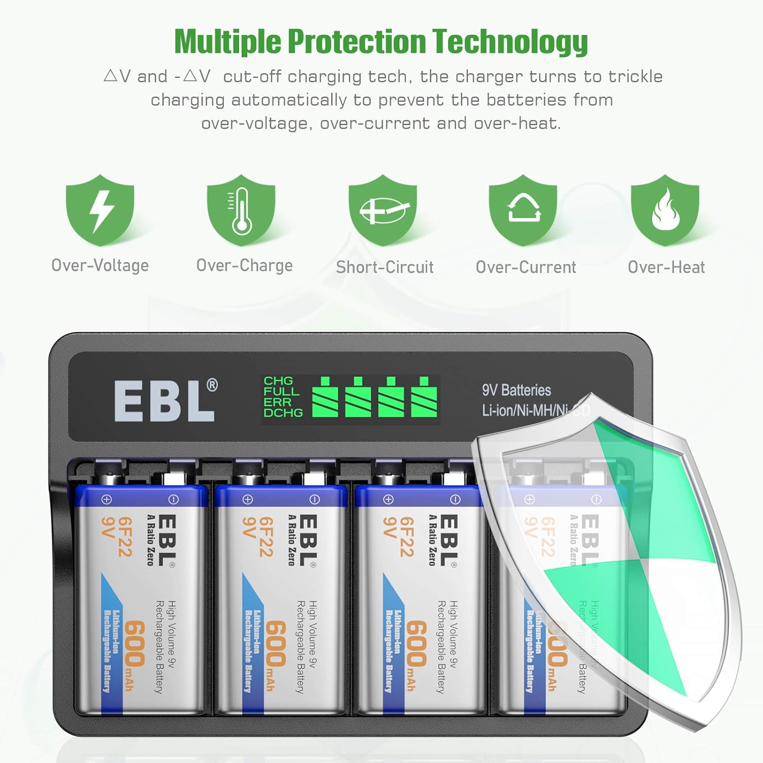 9V Li-ion Rechargeable Batteries 600mAh 4-Pack with LCD Smart Battery Charger E22542