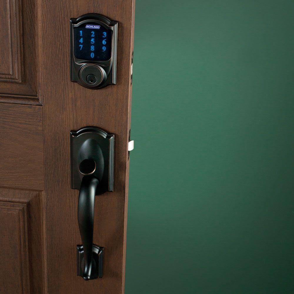 Aged Bronze Touchscreen Deadbolt with Alarm and Handleset with Interior Lever E841469