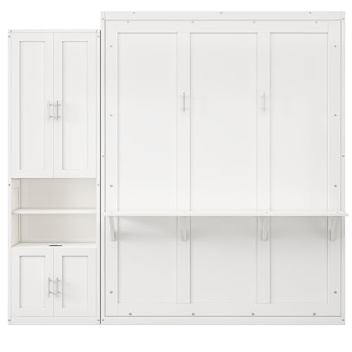 Queen Murphy Bed with 2 Side Cabinet Storage Shelf, Metal Frame, Brown D91055