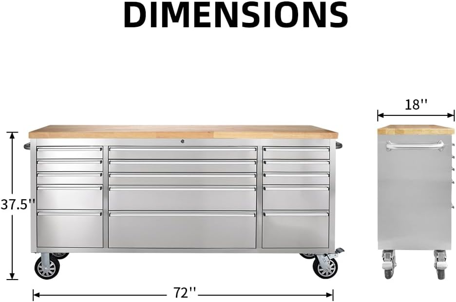 72-inch Stainless Steel Rolling Tool Chest with 15 Drawers S10647