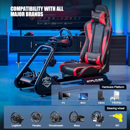 Racing Simulator Cockpit with Seat and Bluetooth Speakers, Alloy Steel Frame (Blue) W27068