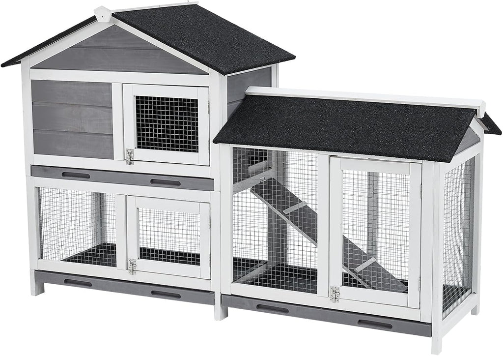 62" Wooden Waterproof Bunny Hutch Rabbit Cage Guinea Pig Coop with Stairs and Cleaning Tray X410