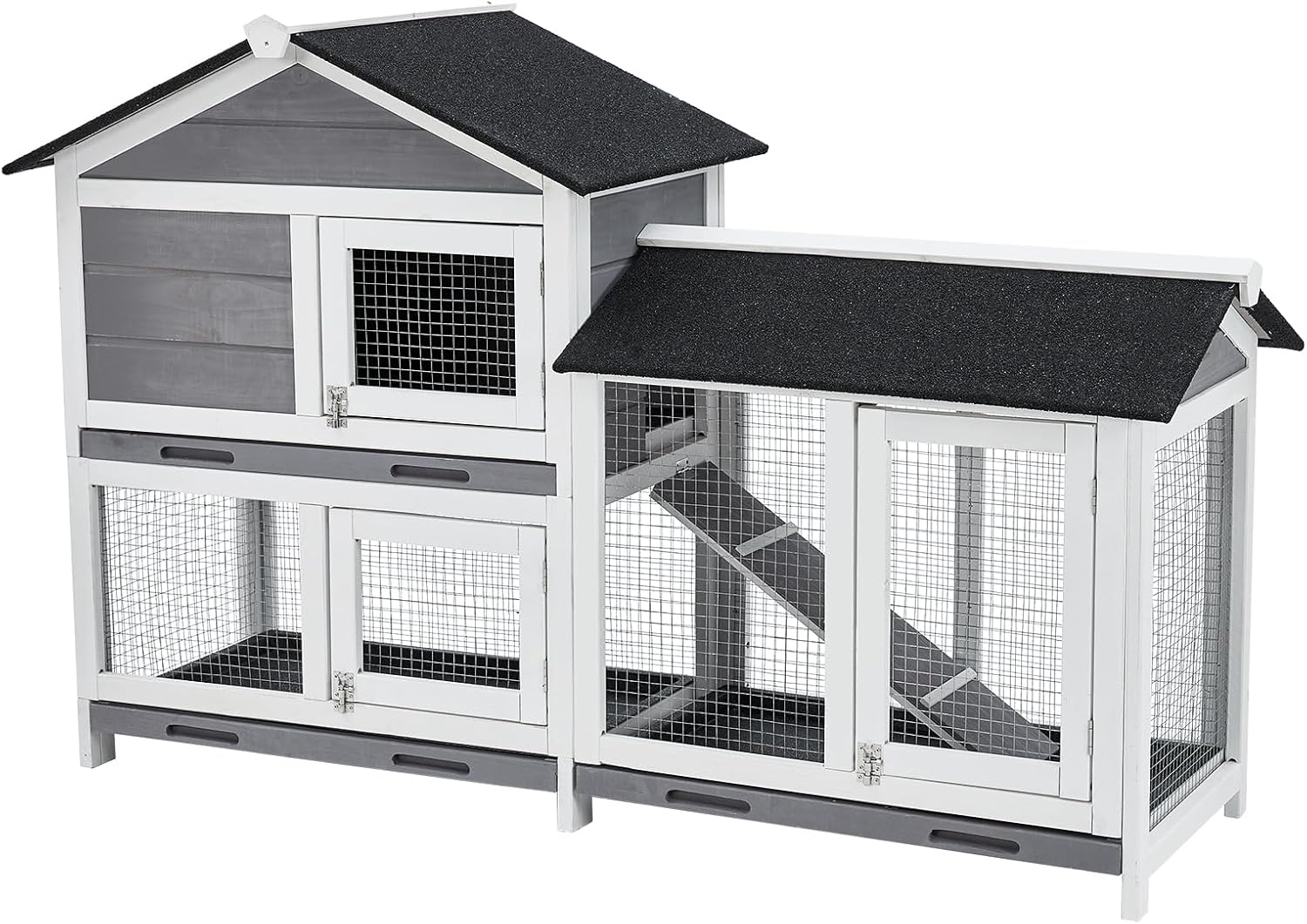 62" Wooden Waterproof Bunny Hutch Rabbit Cage Guinea Pig Coop with Stairs and Cleaning Tray X410