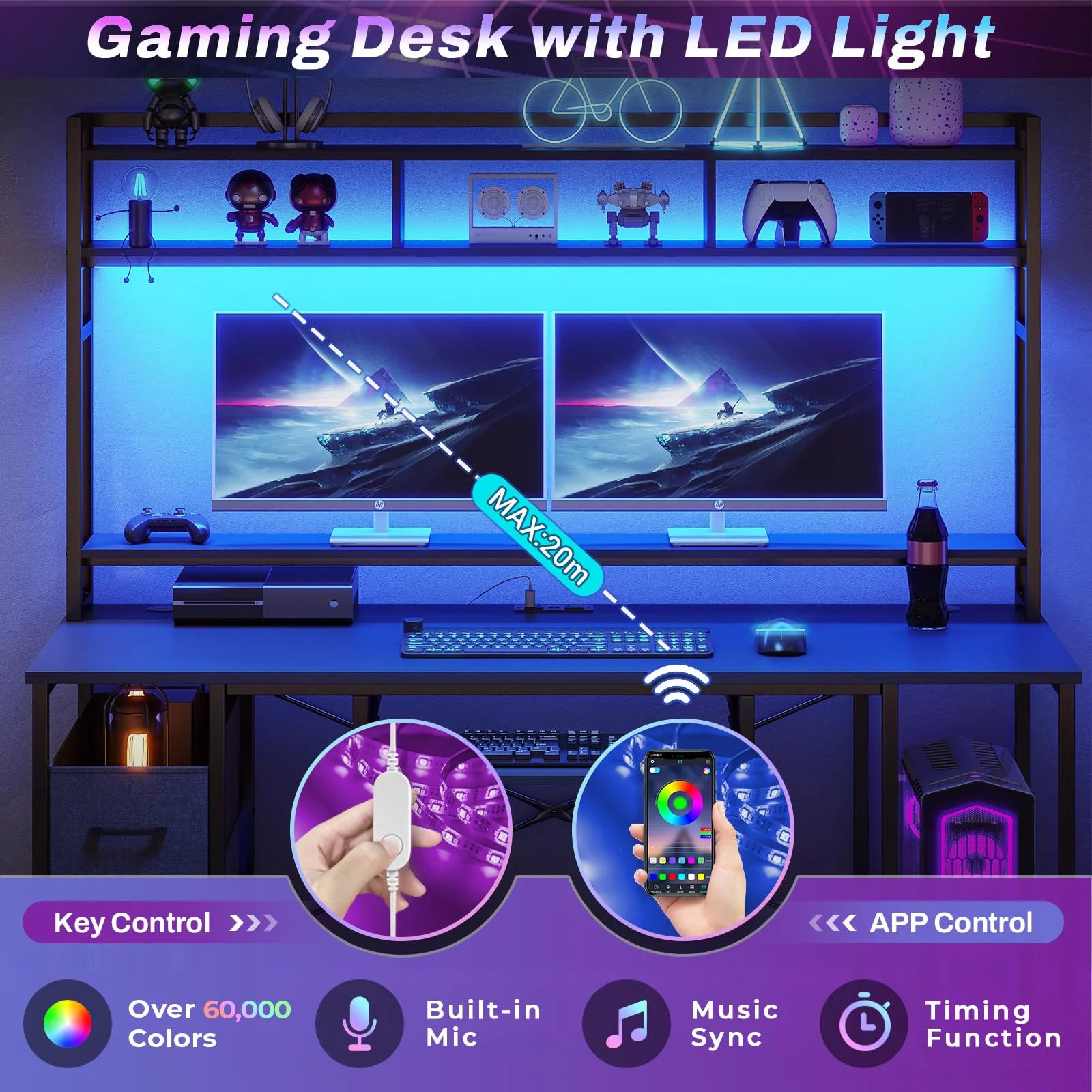 Black 55" Gaming Desk with Drawer and Monitor Stand W131712