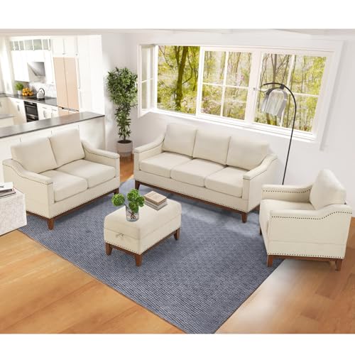 Beige 3-Seater Upholstered Sofa with Nailhead Trim Q2838
