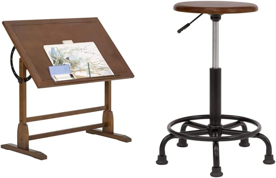 Vintage Drafting Table with Stool Bundle Solid Wood Craft Tables Q315718