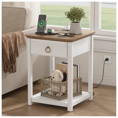 White Solid Wood Square End Table with Drawer A60423