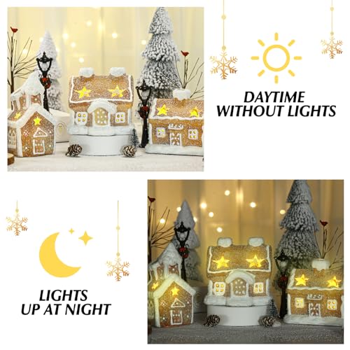 17pcs LED Christmas Gingerbread Village Sets 3 Ceramic Gingerbread Houses 2 Birch Trees 10 Pine Trees 2 Streetlight Christmas Figurines Q822