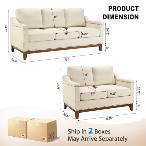 Beige 3-Seater Upholstered Sofa with Nailhead Trim Q2838