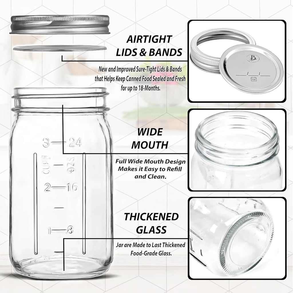 32 oz Clear Glass Mason Jars with Airtight Lids and Bands Y620563