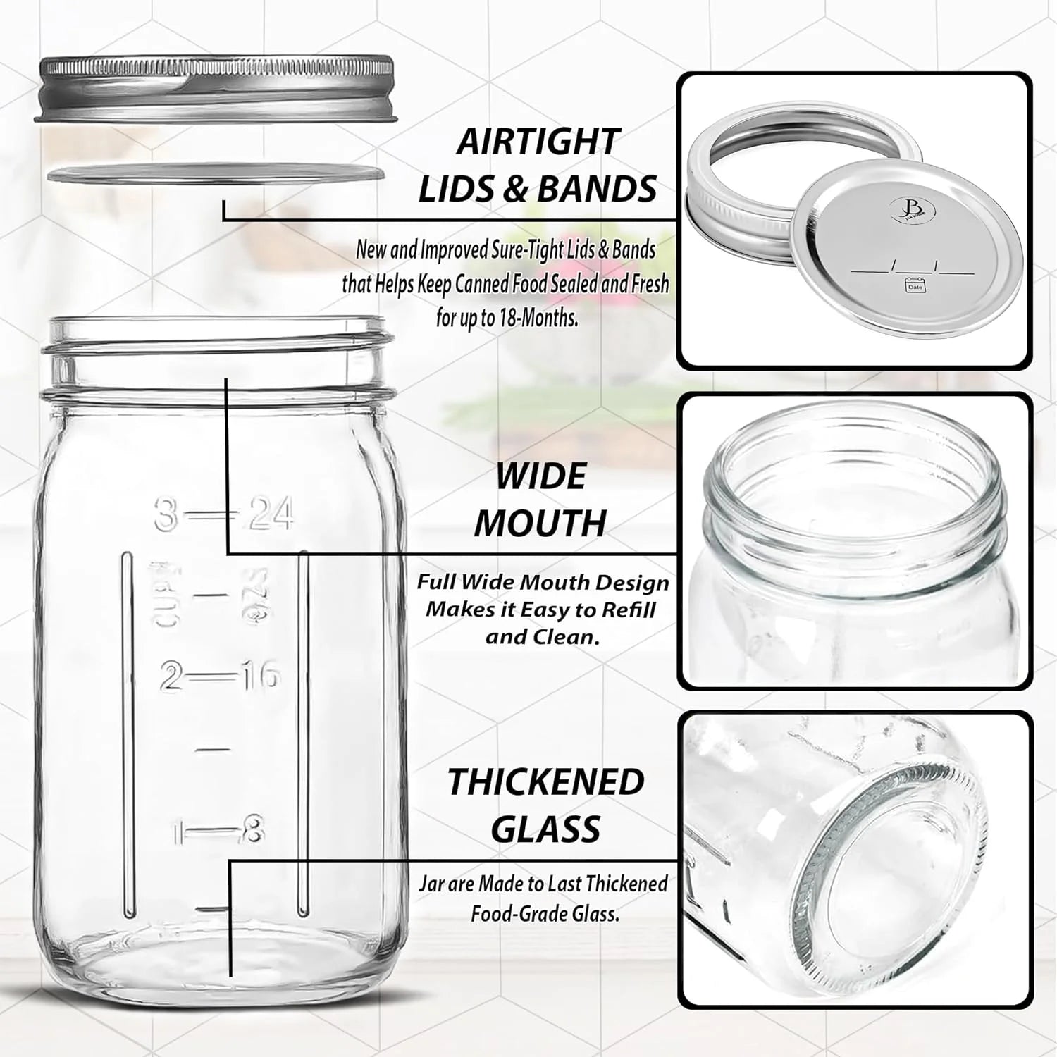 32 oz Clear Glass Mason Jars with Airtight Lids and Bands Y620563