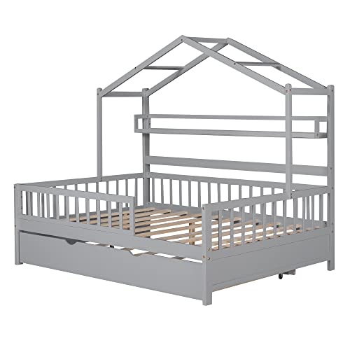 Pink Full Size Wooden House Bed with 2 Drawers A779
