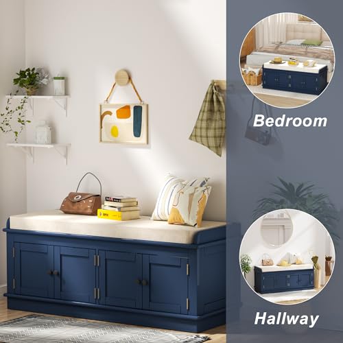 White 43.7" Storage Drawers and 2 Cabinets Shoe Bench with Removable Cushion B9115