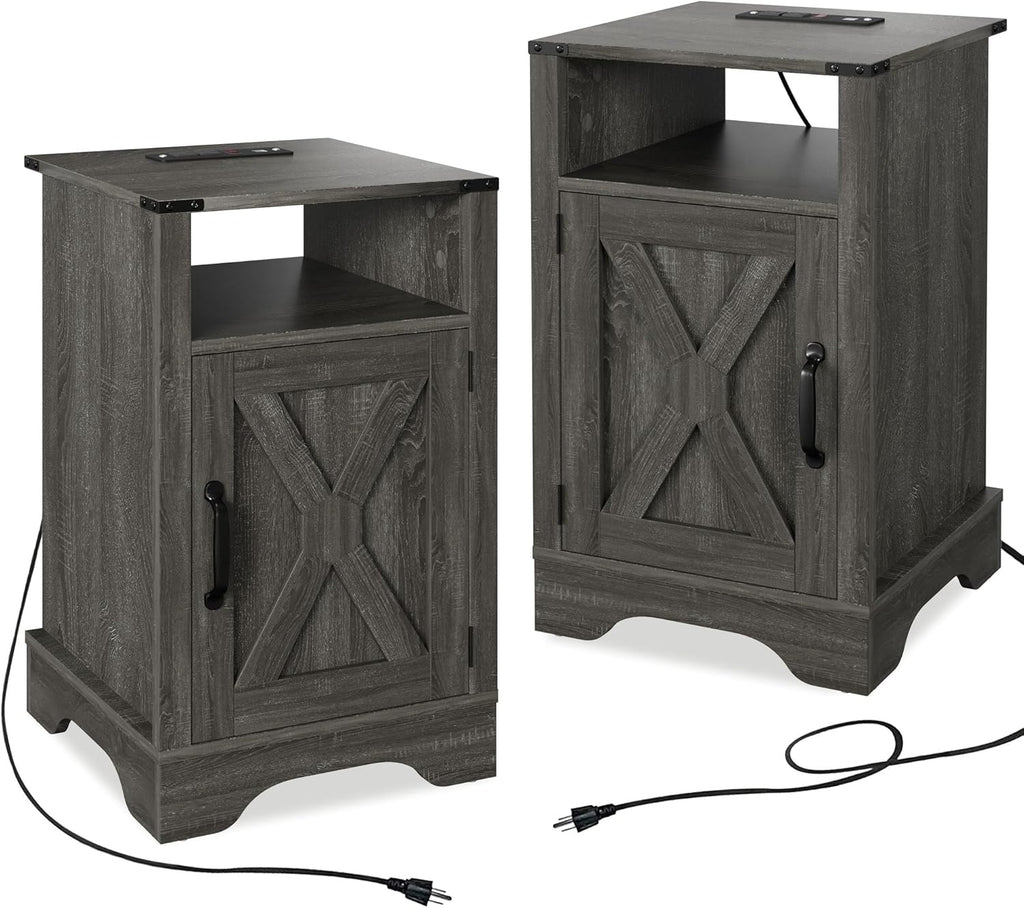 Dark Gray Wooden Nightstand with Electrical Outlets Charging Station (2 Sets) G86069