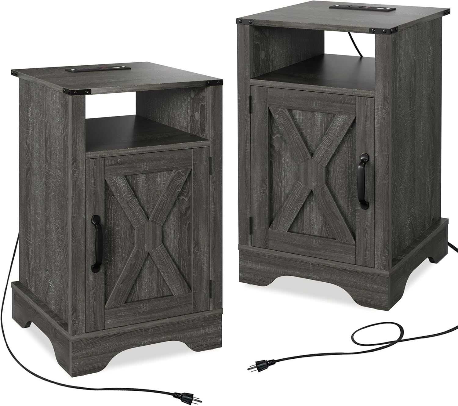 Dark Gray Wooden Nightstand with Electrical Outlets Charging Station (2 Sets) G86069