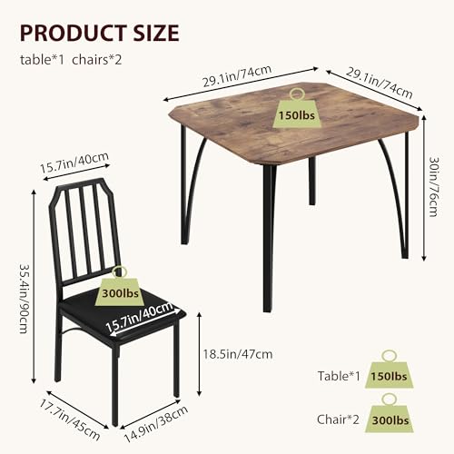 Rustic Brown 3 Piece Dining Table Set with Cushion Seats D1536