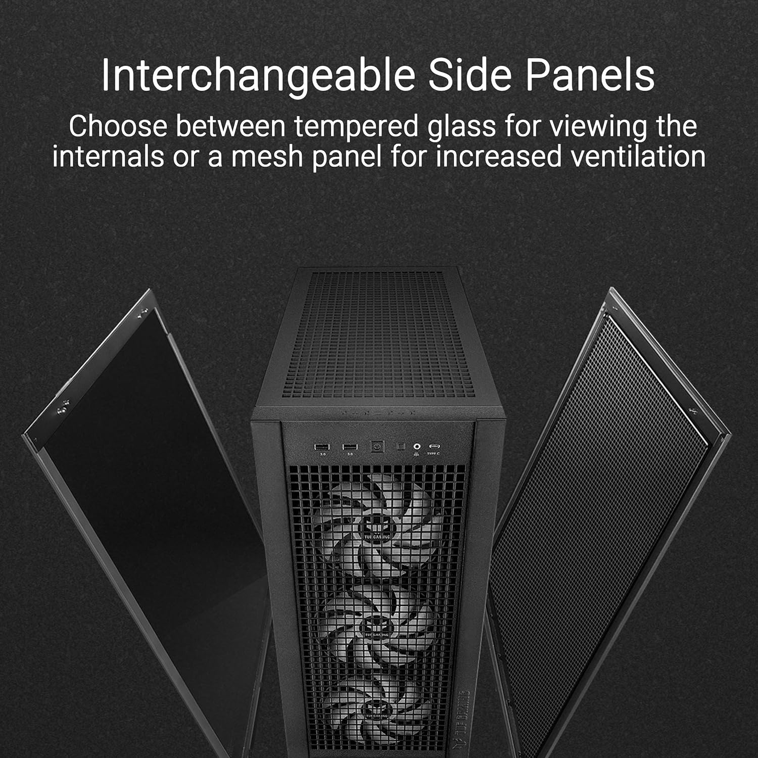 Black ATX Mid-Tower PC Case with Four 140 x 28 mm ARGB Fans and Interchangeable Tempered Glass or Mesh Side Panels K961296
