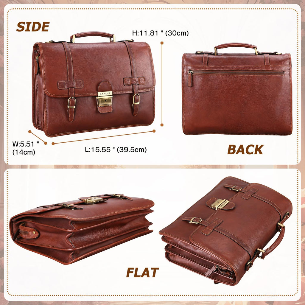 Vintage Genuine Full Grain Italian Leather Briefcase 14 Inch Laptop Bag Brown M910168