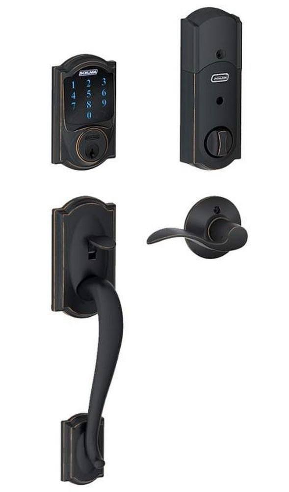 Aged Bronze Touchscreen Deadbolt with Alarm and Handleset with Interior Lever E841469