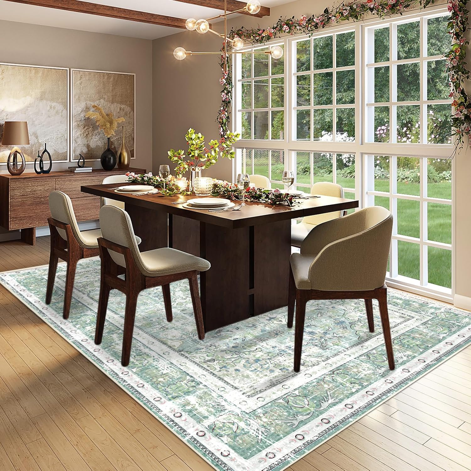 Sage Green 5×7 Washable Area Rug U98379