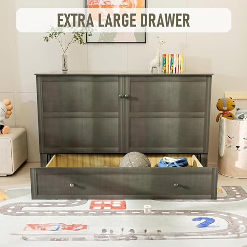 Grey Queen Size Murphy Bed with Storage Drawer S9524