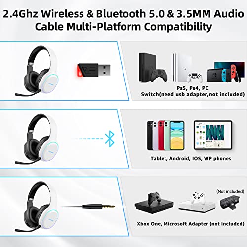 Wireless Gaming Headset, White, 2.4GHz/Bluetooth, Detachable Mic U218