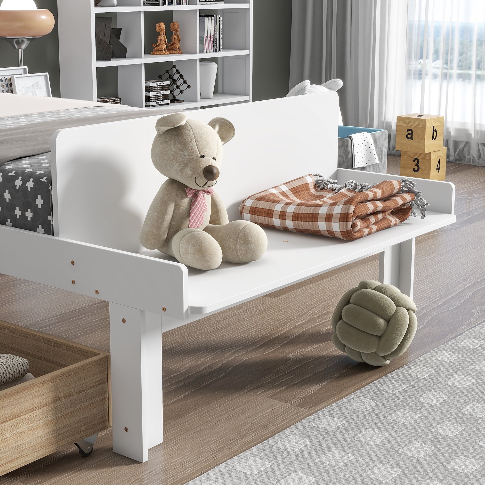 White Twin Size Wood Platform Bed Frame with Headboard and Footboard and 2 Storage Drawers X4446
