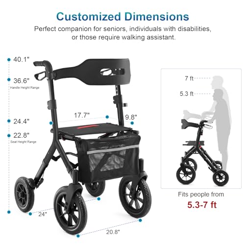 Red 12" Big Rubber Wheels Rollator Walker with Seat T73182