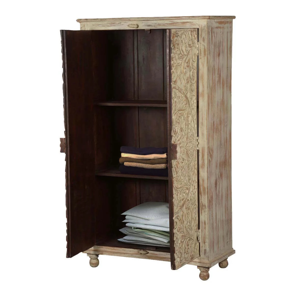 Solid Wood Distressed White Armoire with Shelves N473