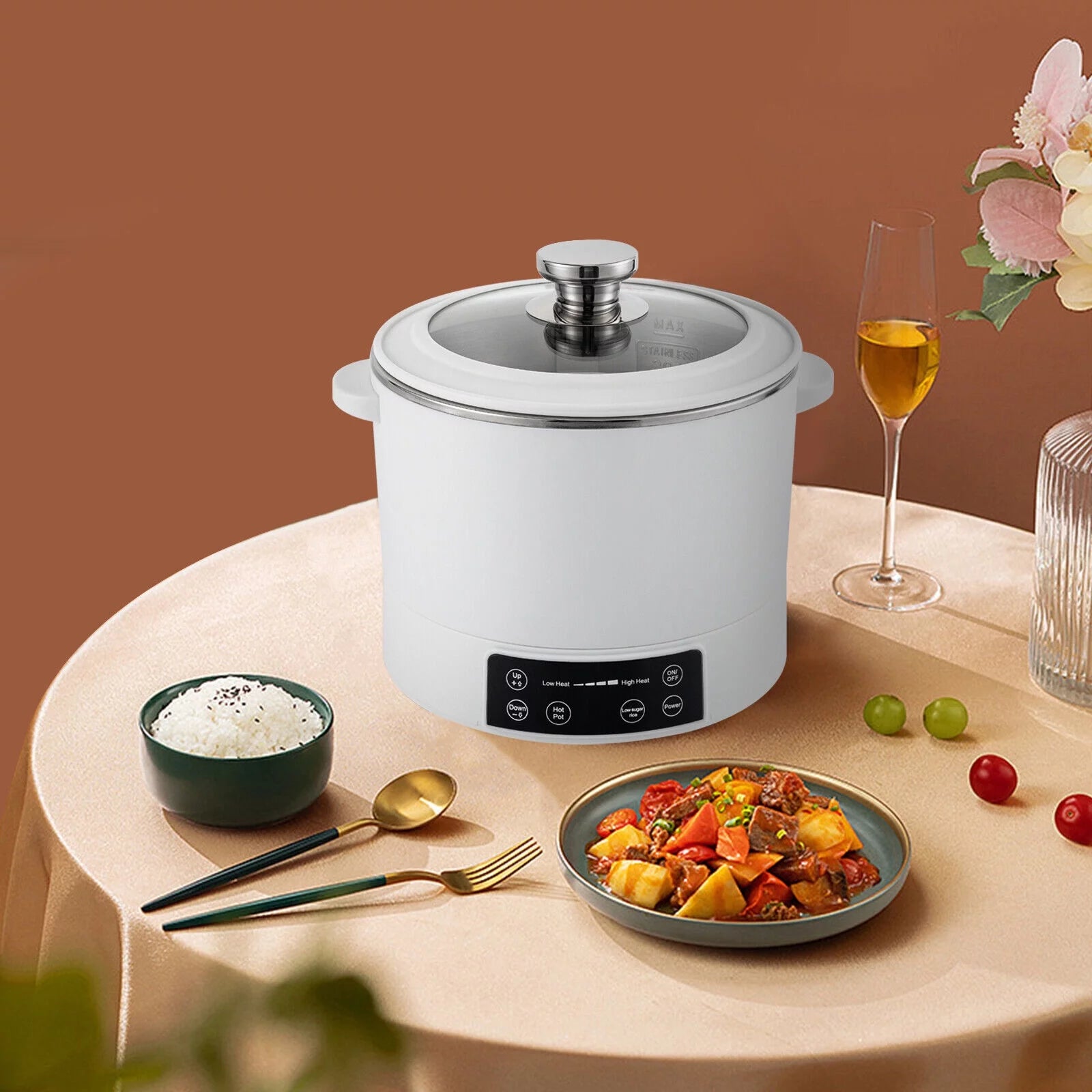 3L Automatic Lifting Electric Hot Pot with Steaming Basket 304 Stainless Steel T28430