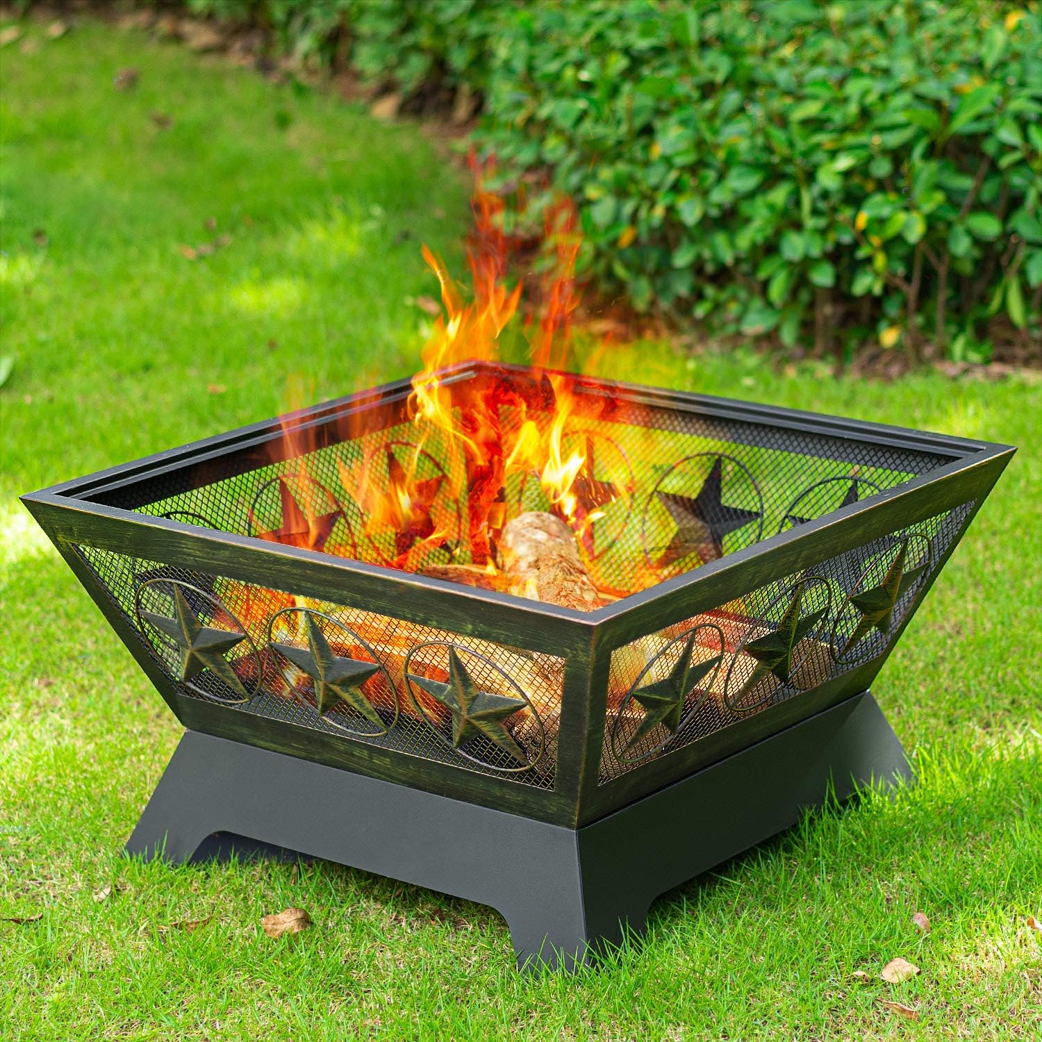 Fire Pit Outdoor Wood Burning 24in with Spark Screen Mesh Lid Bronze C1471