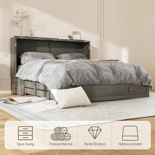 Grey Queen Size Murphy Bed with Storage Drawer S9524