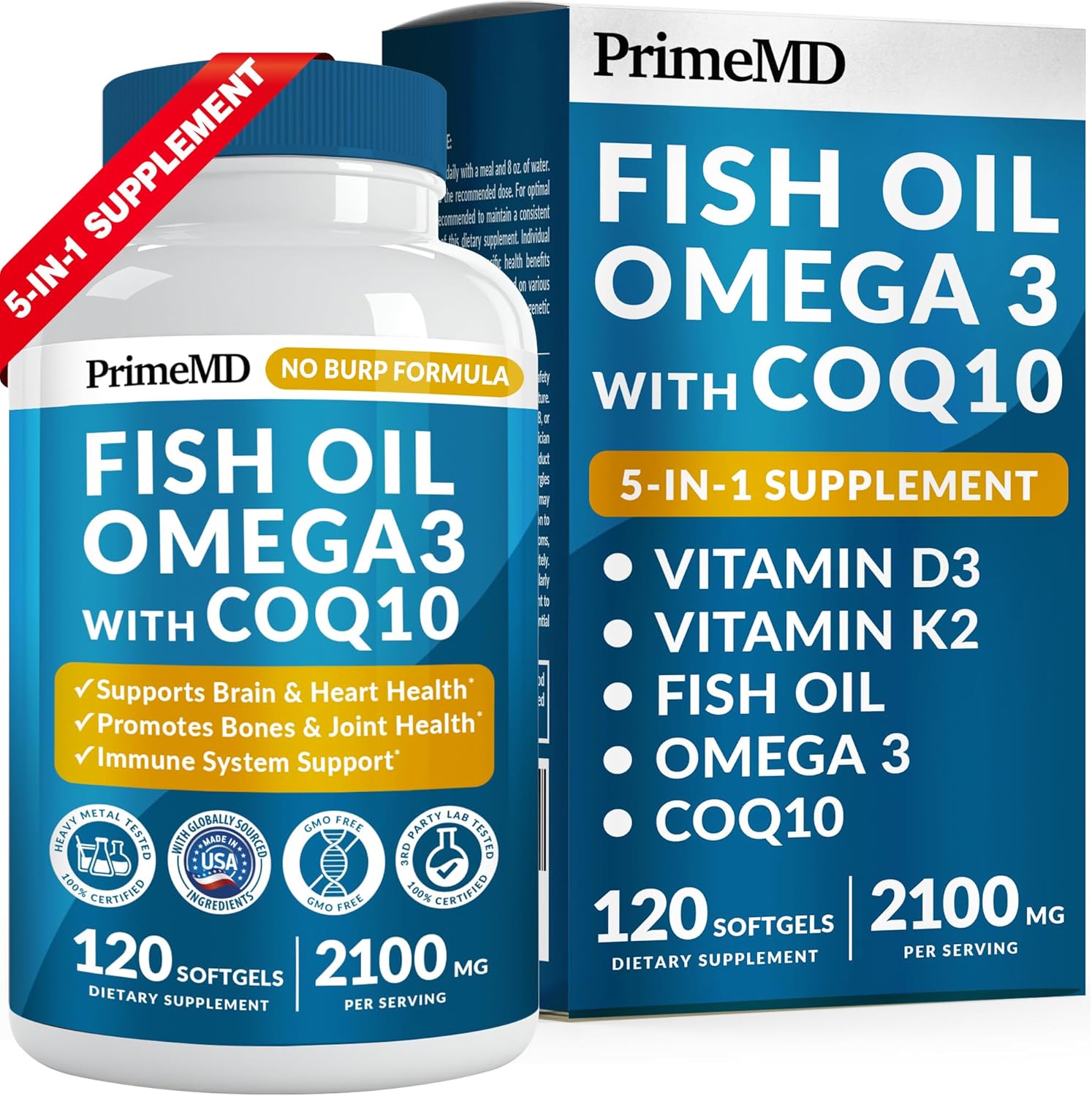 2100mg Omega 3 Fish Oil Supplements with Vitamins D3 & K2 and CoQ10 (120ct) Q12323