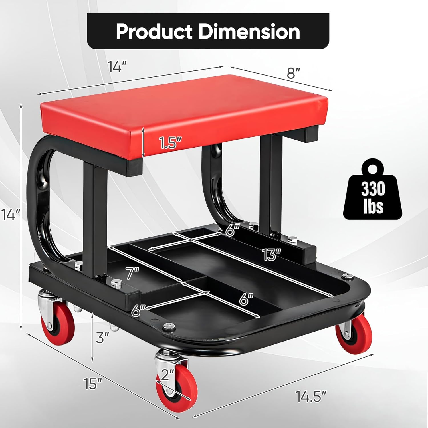 Black/Red Heavy Duty Garage Roller Seat with Tool Tray, 250 LBS Capacity N29587