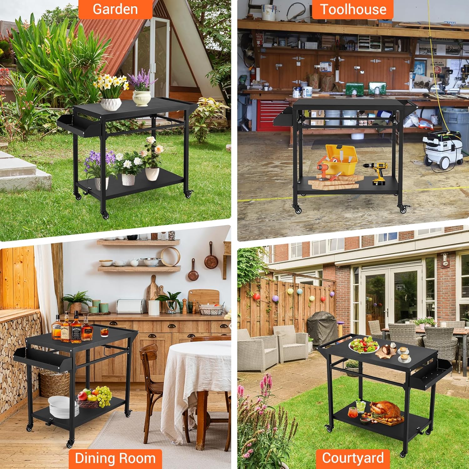 Black Outdoor Grill Cart with Lockable Wheels O553