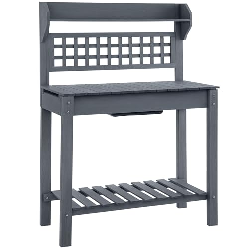 Brown Wooden Potting Bench Table with Sliding Tabletop and Storage Shelf W4219